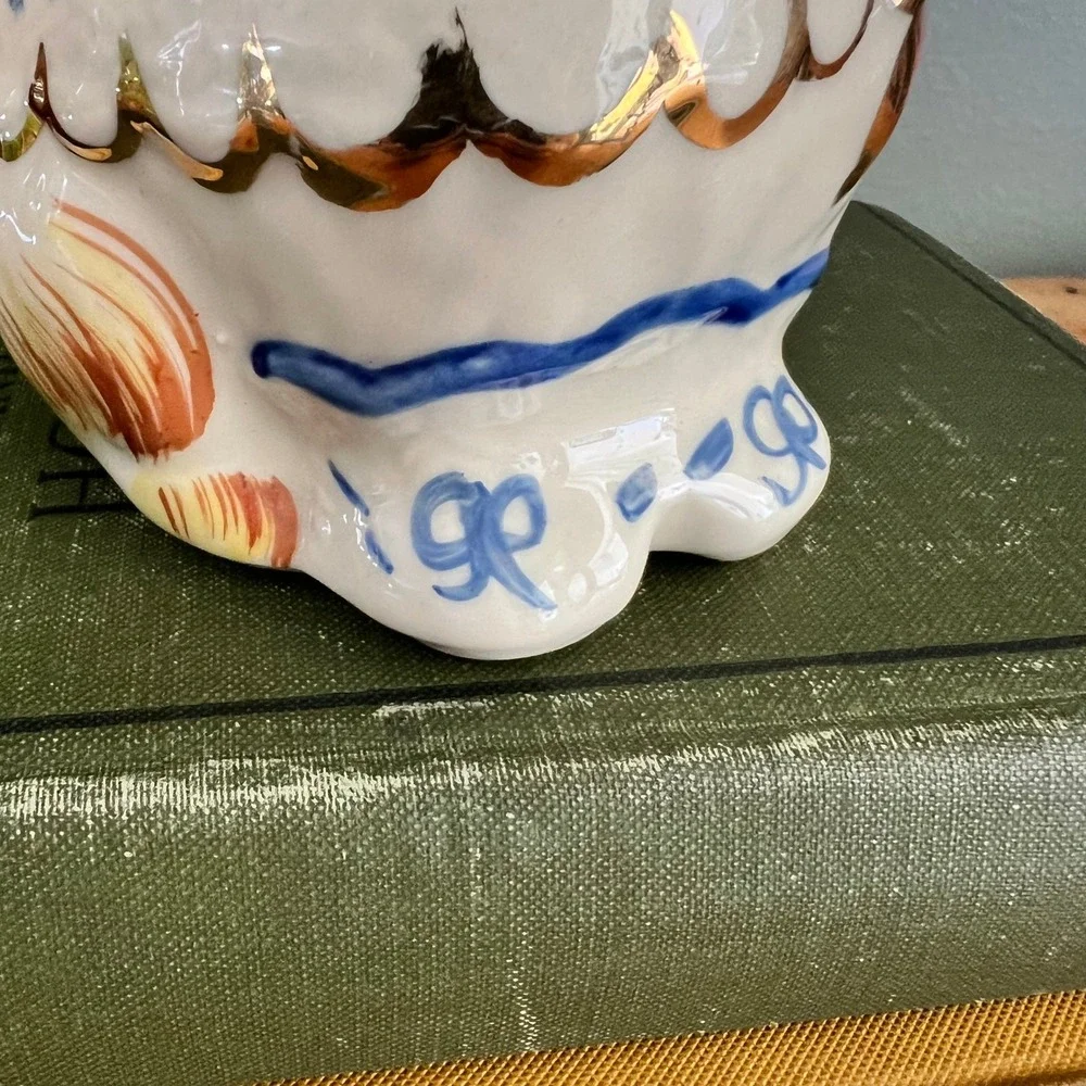 Vintage Shawnee Pottery Puss In Boots Creamer Floral Gold Gilt 1940s 1950s USA